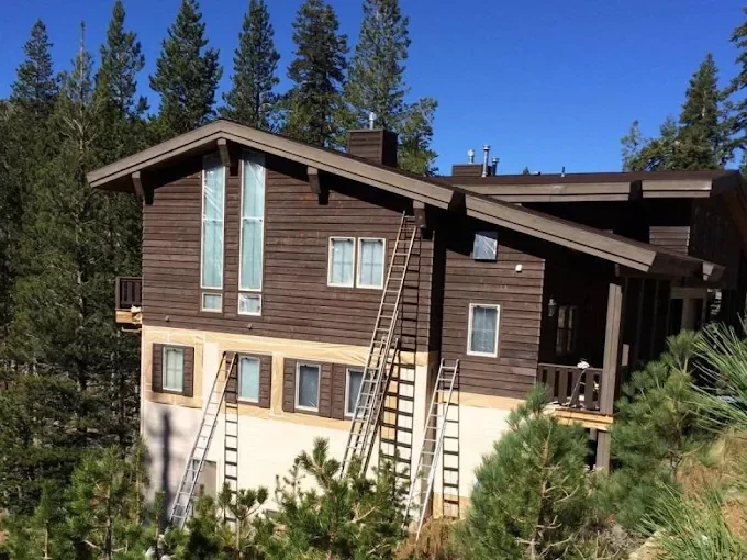 Mountain cabin mid-staining with ladders against the siding
